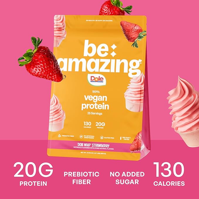 Be Amazing Vegan Protein Powder | 20g Plant-Based Protein with Prebiotics Fibers | Sugar-and-Gluten-Free Shake Mix Low Carb Non-Dairy Smoothie | Dole Whip Strawberry 25 Servings
