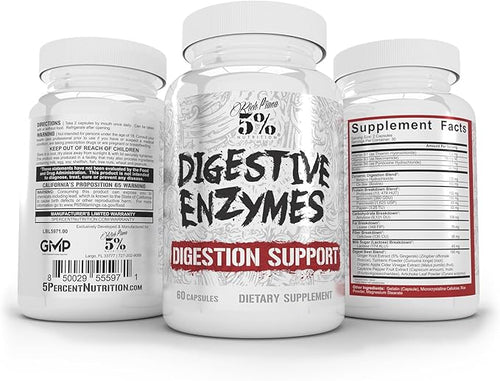 5% Nutrition Rich Piana Digestive Enzymes w/Vitamin B Complex | Enzymes for Protein Carb Fat Fiber &amp Lactose Breakdown | Betaine Bromelain Papain (Papaya) Lipase Lactase 60 Veg Caps (30 Sv