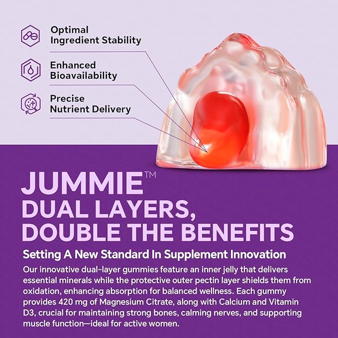 Magnesium Citrate Gummies 420mg for Adult - Dual Layer - w/10 Billion CFU - 5 Strains Probiotics &amp Calcium D3 Biotin Iron B6 B12 Folate Support for Bone Nerve Relaxation Muscle - Vegan 6