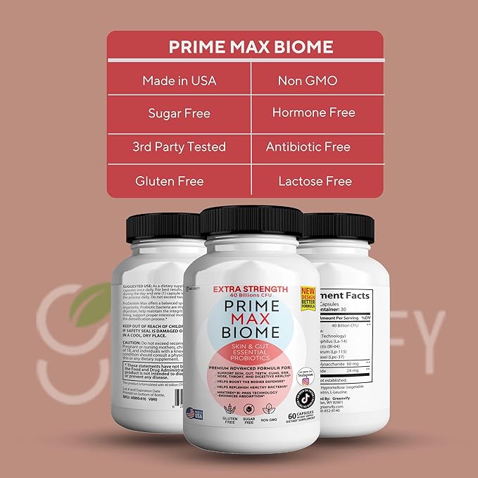 Prime Max Biome Probiotics 40 Billion CFU – Extra Strength Skin &amp Gut Support with MAKTrek® Bi-Pass Technology – 4 Strains + Prebiotics – Non-GMO Gluten-Free 60 Capsules (1)