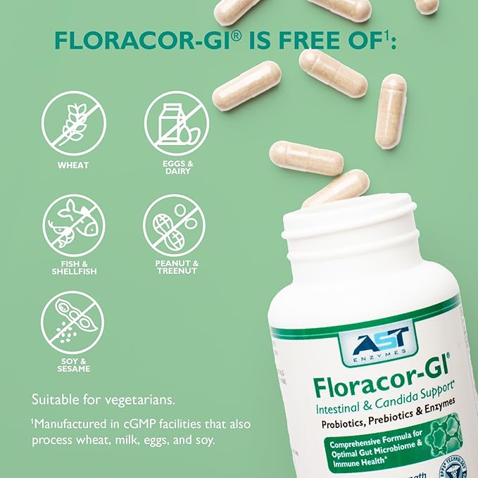 Floracor – Probiotics &amp Enzymes to Support Intestinal &amp Gut Heath –180 Vegetarian Capsules