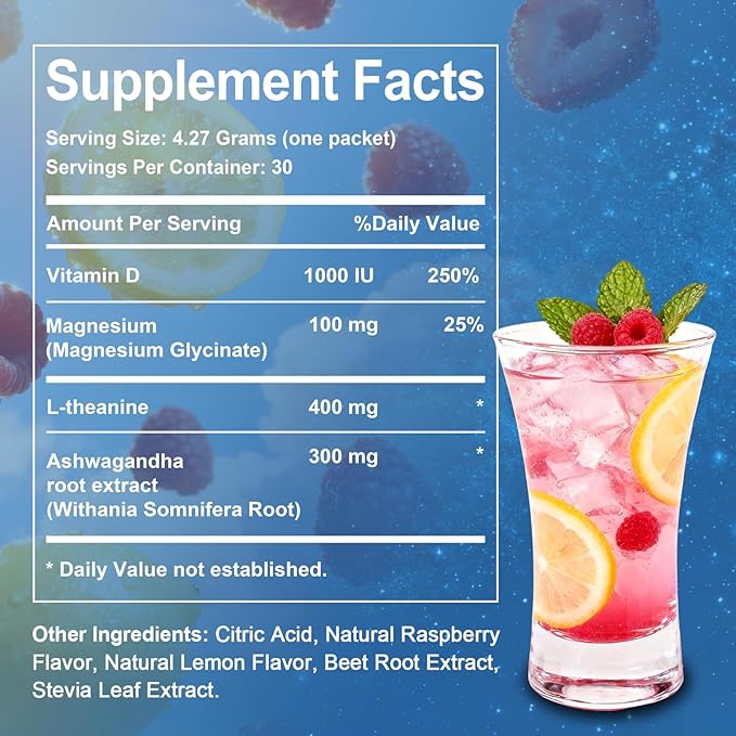 Cortisol Drink Mix Cortisol Supplements for Women Men with Magnesium Glycinate Ashwagandha L-Theanine Vitamin D 3 for Sleep &amp Relaxation On The Go 30 Ct (Raspberry Lemonade Flavor)