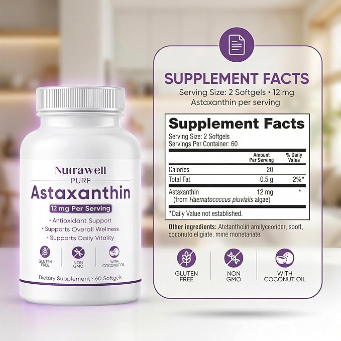IRMI Nutrawell Astaxanthin 12 mg Softgels Premium Natural Astaxanthin | Gluten-Free Non-GMO | Daily Eye &amp Skin Support 60 Soft gels
