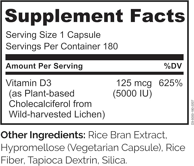 NATURELO Vitamin D - 5000 IU - Plant Based from Lichen - Natural D3 Supplement for Immune System Bone Support Joint Health - High Potency - Vegan - Non-GMO - Gluten Free - 180 Capsules