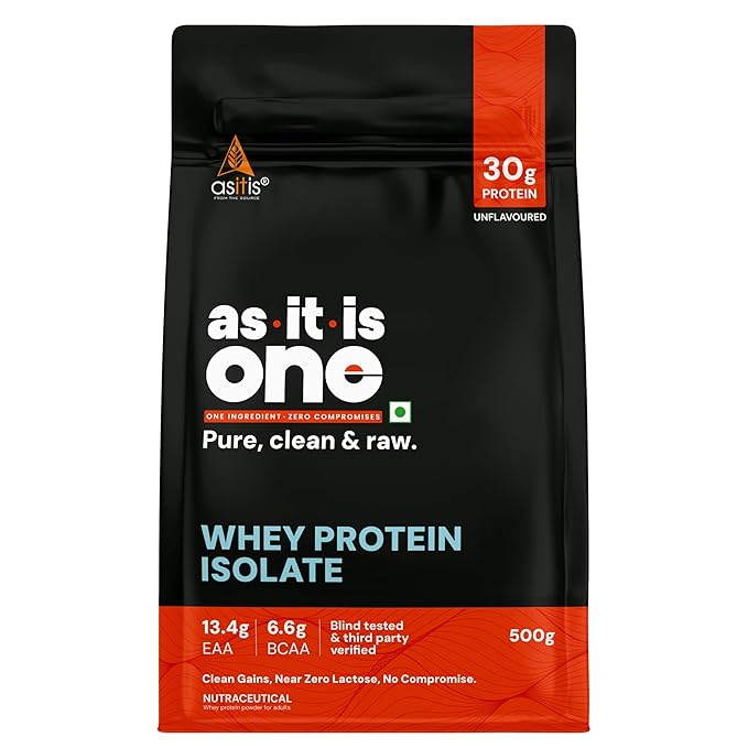 AS-IT-IS Nutrition Whey Protein Isolate 90% - 500 Gms/17.6 Oz | Protein 27g &amp Bcaa 5.9g Per Serving Unflavoured Cross-flow Microfiltered Natural Zero Fat Zero Sugar