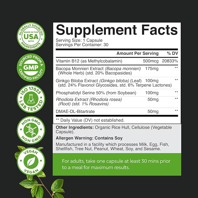 Bundle of Nootropic Memory Supplement with Vitamin B 12 Bacopa Monnieri Rhodiola Rosea DMAE Ginkgo Biloba and Mushroom Complex 10X Lions Mane with Reishi Chaga Maitake Shiitake for Brain Support