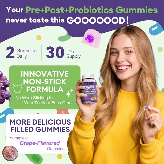 Sugar Free 5-in-1 Probiotic Prebiotic Postbiotic Gummy 36 Strains Probiotics for Women Men with Digestive Enzymes Peppermint Complete Immune Gut &amp Digestive Support Vegan 60 Ct Grape Flavor