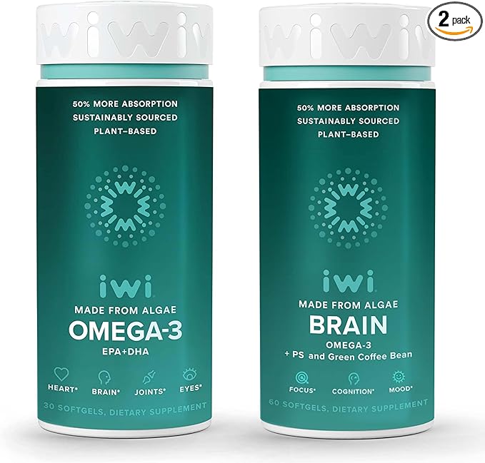 Iwi Omega-3 &amp Brain Omega-3 Bundle 30 Servings Vegan Plant-Based Algae Omega 3 with EPA + DHA Krill &amp Fish Oil Alternative No Fishy Aftertaste