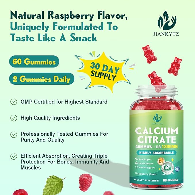 1200mg Calcium Citrate with Vitamin D3 Gummies for Bones Muscles Immune Support Chewable Calcium Citrate with Vitamin D3 K2 C Magnesium Zinc Raspberry