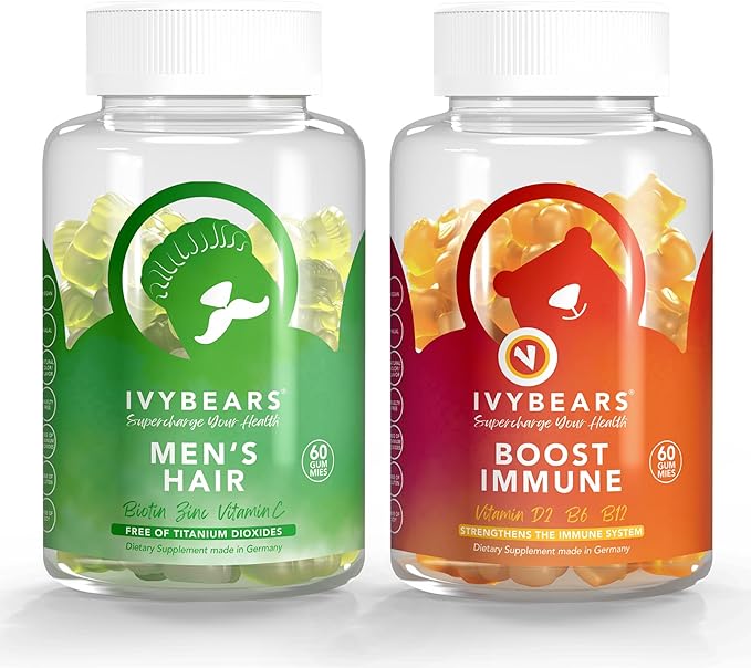 IvyBears® Men’s Hair Vitamins &amp Immune Support Gummies – Biotin Zinc Vitamins A C D &amp Zinc for Hair Growth and Immune Health – Vegan 2-Pack