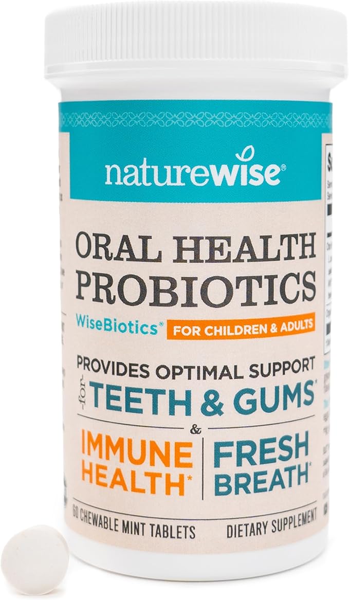 NatureWise Oral Probiotics for Mouth Bad Breath - Chewable Sugar-Free Mint - Lactobacillus reuteri Chewable - Oral Probiotics For Kids &amp Adults - Non-GMO USA Manufactured - 60 Count[60-Day Supply]