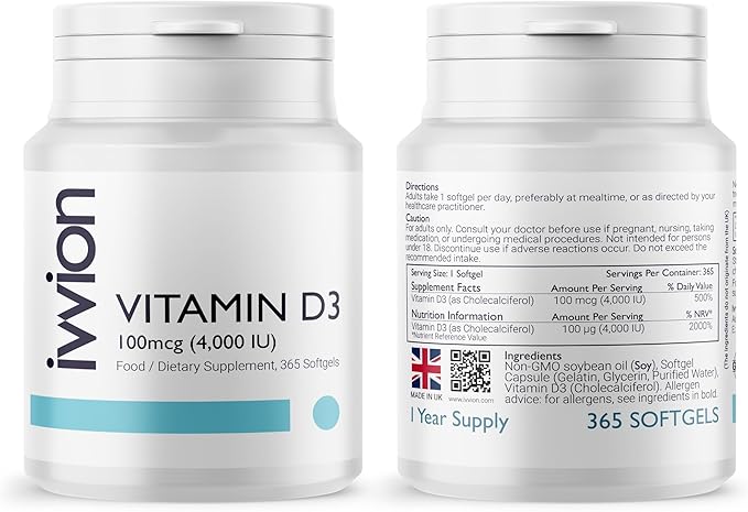Preservative-Free Vitamin D3 4000 IU (100 µg) Softgel 1 Year Supply – High Strength Cholecalciferol | Gluten Free Non-GMO | Supports Immune System Bones Teeth &amp Muscles | UK Made 365 Count