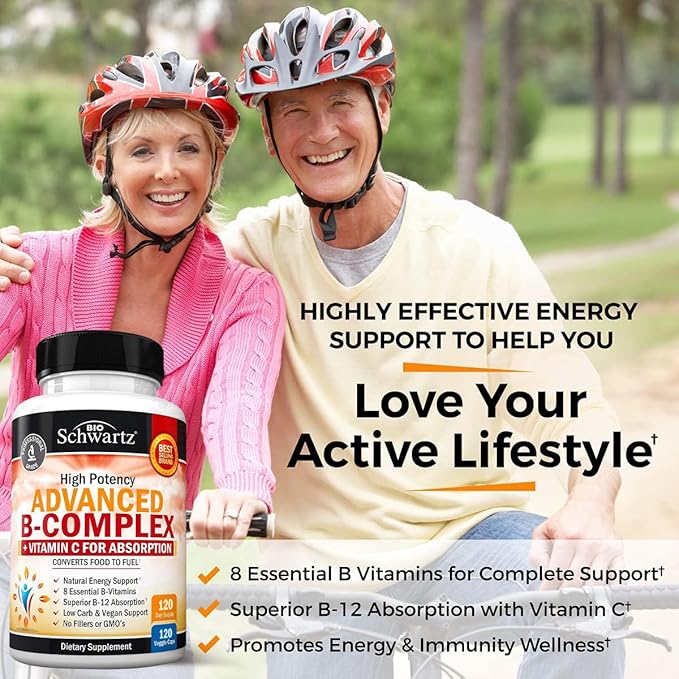 Vitamin B Complex with Vitamin C for Maximum Absorption - Methylcobalamin b12 &amp Folate Folic Acid Supplement - B1 B2 B3 B5 B6 B7 B9 for Immune Energy &amp Nervous System Support - Non-GMO 120 co