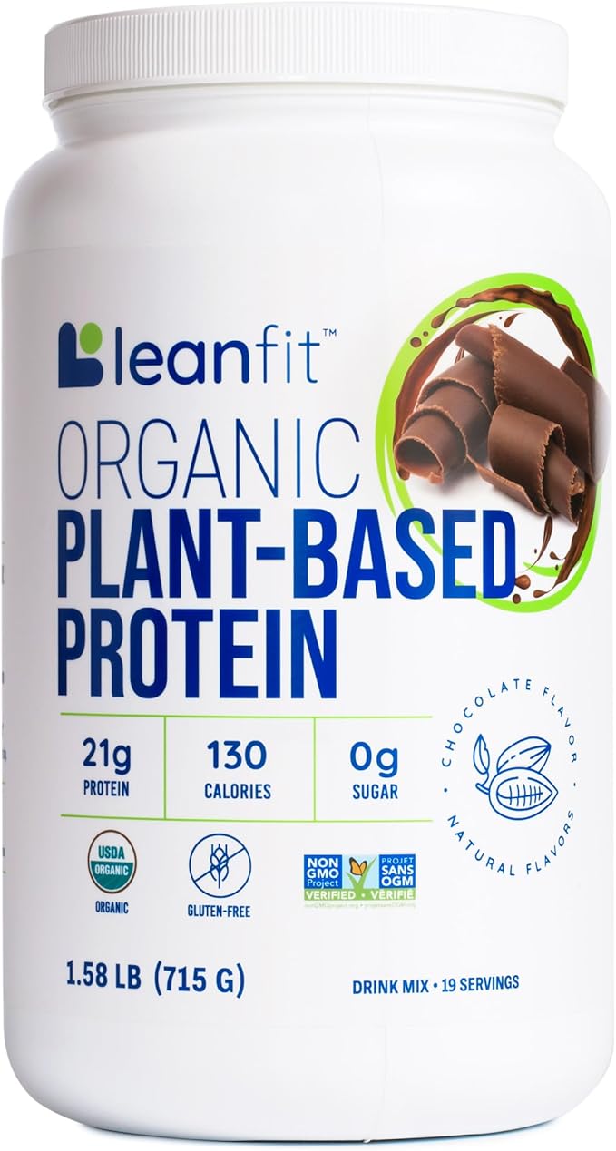 LeanFit Organic Plant-Based Protein Powder Natural Chocolate Flavor - Vegan USDA Organic Certified Soy-Free Gluten-Free Dairy-Free Sugar-Free Non-GMO - 21g Protein 18 Servings 1.58 Pound Tub