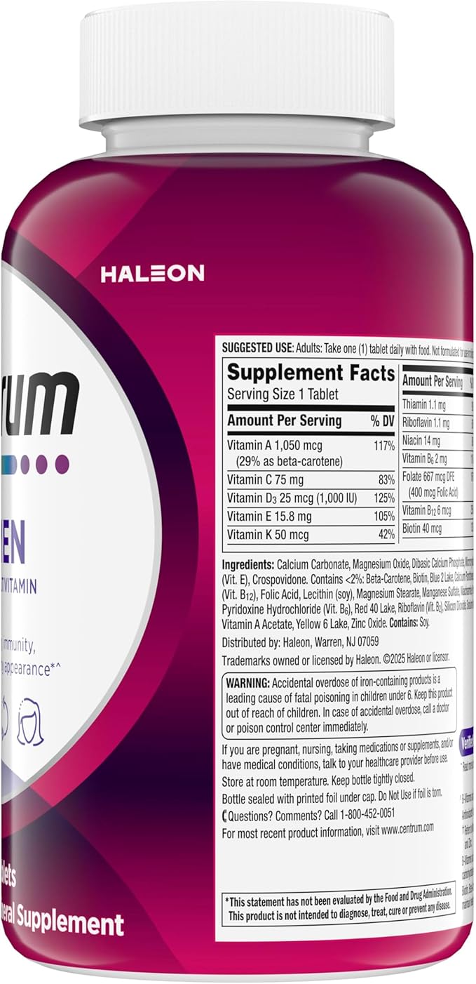 Centrum Multivitamin for Women Multimineral Supplement with Iron Vitamin D3 B Vitamins and Antioxidant Vitamins C and E Gluten Free Non-GMO Ingredients - 250 Count