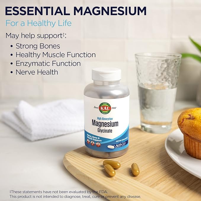 KAL Magnesium Glycinate ActivGels 315mg Fully Chelated High Absorption Magnesium Supplement for Relaxation Muscle &amp Bone Support Non-GMO Gluten Free 60 Servings 180 Softgels