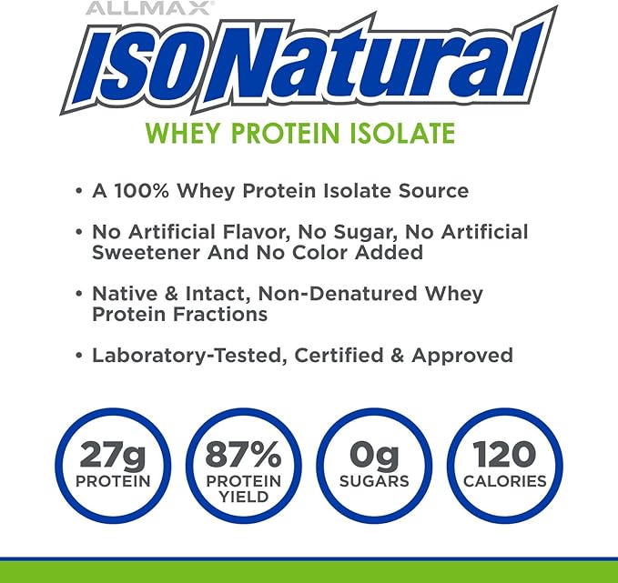 ALLMAX ISONATURAL Whey Protein Isolate Vanilla - 5 lb - 27 Grams of Protein Per Scoop - Zero Fat &amp Sugar - 99% Lactose Free - with Prebiotics - No Artificial Flavors - Approx. 73 Servings