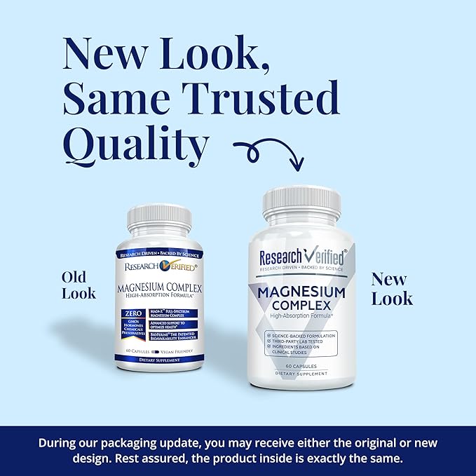 Research Verified Magnesium Complex - Brain Muscle and Nerve Support - Magnesium Bisglycinate Malate Citrate and Oxide - Bioperine - Vegan - 60 Capsules - Pack of 3