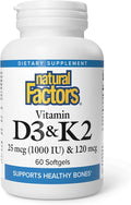 Natural Factors Vitamin D3 &amp K2 1000 IU and 120 mcg Supports Bone and Vascular Health 60 Softgels