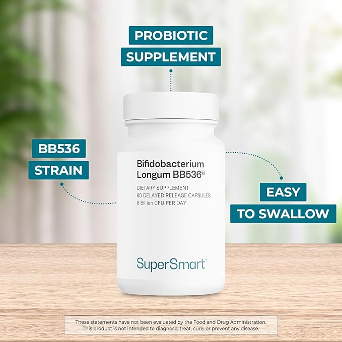 Supersmart - Bifidobacterium Longum (BB536) 6 Billion CFU per Day - Probiotics &amp Prebiotics Supplement | Non-GMO &amp Gluten Free - 60 DR Capsules