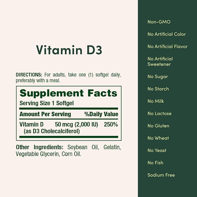 Nature's Bounty Vitamin D3 2000 IU|Supports Immune HealthCalcium Absorption &amp Bone Strength|Essential for Healthy Bones|Non-GMONo-Gluten350 Softgels1 Serving Per Day for Daily Health(Pack of