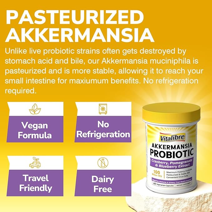 Akkermansia Probiotics 100 Billion TFU Pasteurized Akkermansia Muciniphila w/Cranberry Blueberry &amp Pomegranate Digestive &amp Immune Health Leaky Gut GLP-1 Supplement 60 Vegan Capsules