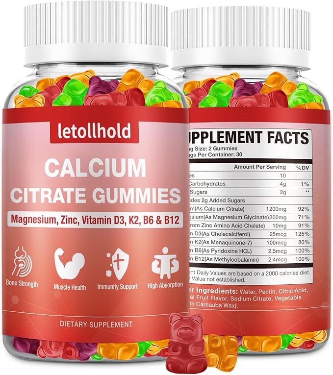 Calcium Citrate Gummies - 1200mg Calcium Gummies with Magnesium Zinc Vitamin D3K2 B6 B12 for Bone Muscle Joints Immune Support High Absorption Calcium Supplements for Women &amp Men 2 Packs