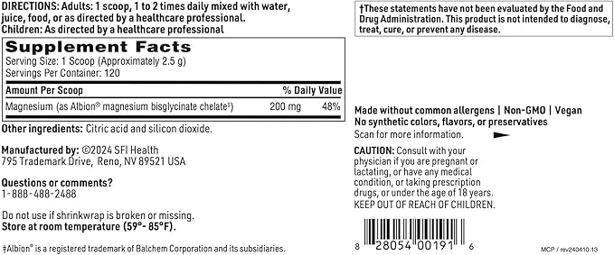 Klaire Labs SFI Health Magnesium Chelate Powder - Fast-Dissolving 200 Milligrams High Absorption TRAACS Bisglycinate Vegetarian &amp Hypoallergenic (120 Servings 300 Grams)