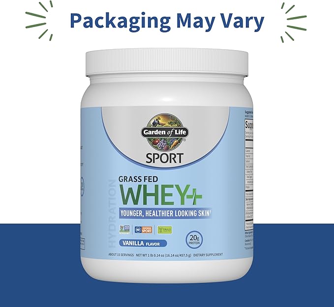 Garden of Life SPORT Whey Protein Powder Vanilla Flavor 20g Plus Marine Collagen Peptides &amp MSM for Women and Men Optimum Amino Energy Younger Healthier Looking Skin - Grass Fed About 15 Servi