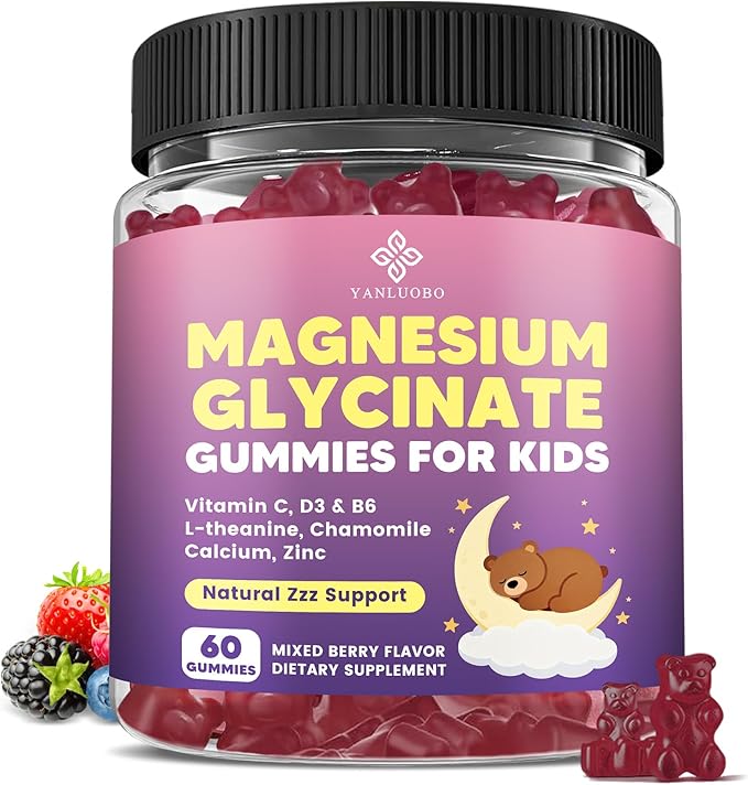 Kids Magnesium Gummies Magnesium Glycinate Gummies 400mg/200mg with L-Theanine Chamomile Vitamin B6 D3 for Kids Relaxation &amp Zzz Support Nerve Bone - Sugar Free Mixed Berry Flavor 60ct