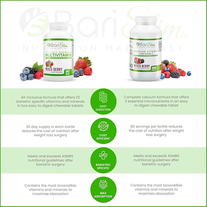 BariSlim Bariatric Calcium Citrate &amp Complete Chewable Bariatric Multivitamin - Bariatric Vitamin and Supplement for Post Bariatric Surgery Including Gastric Bypass and Gastric Sleeve