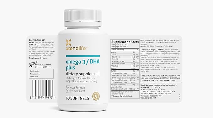 Xtendlife Omega 3 DHA Plus Fish Oil for Heart Brain Eye &amp Skin Health - 1100mg Omega-3 with DHA EPA Lycopene &amp Astaxanthin - 1 Month Supply (60 Count)