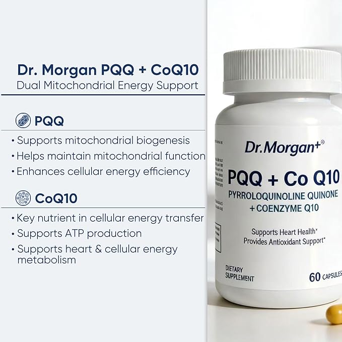 Dr. Morgan PQQ 20mg (Pyrroloquinoline Quinone) &amp CoQ10 100mg - Mitochondrial Energy &amp Cellular Vitality Support - Cognitive Antioxidant Formula - 60 Capsules Non-GMO