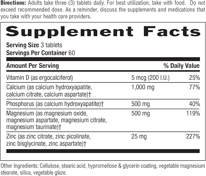 Country Life Calcium Magnesium Zinc with Vitamin D3 and L-Glutamic Acid Dietary Supplement for Bone Support Certified Gluten Free  1000mg/500mg/25mg 180 Tablets