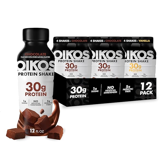 Oikos Protein Shake Exclusive Variety Pack 30g High Protein Drinks Shelf Stable Ready to Drink 5g Prebiotic Fiber 12 fl oz Bottle (8 ct Chocolate 4 ct Vanilla)