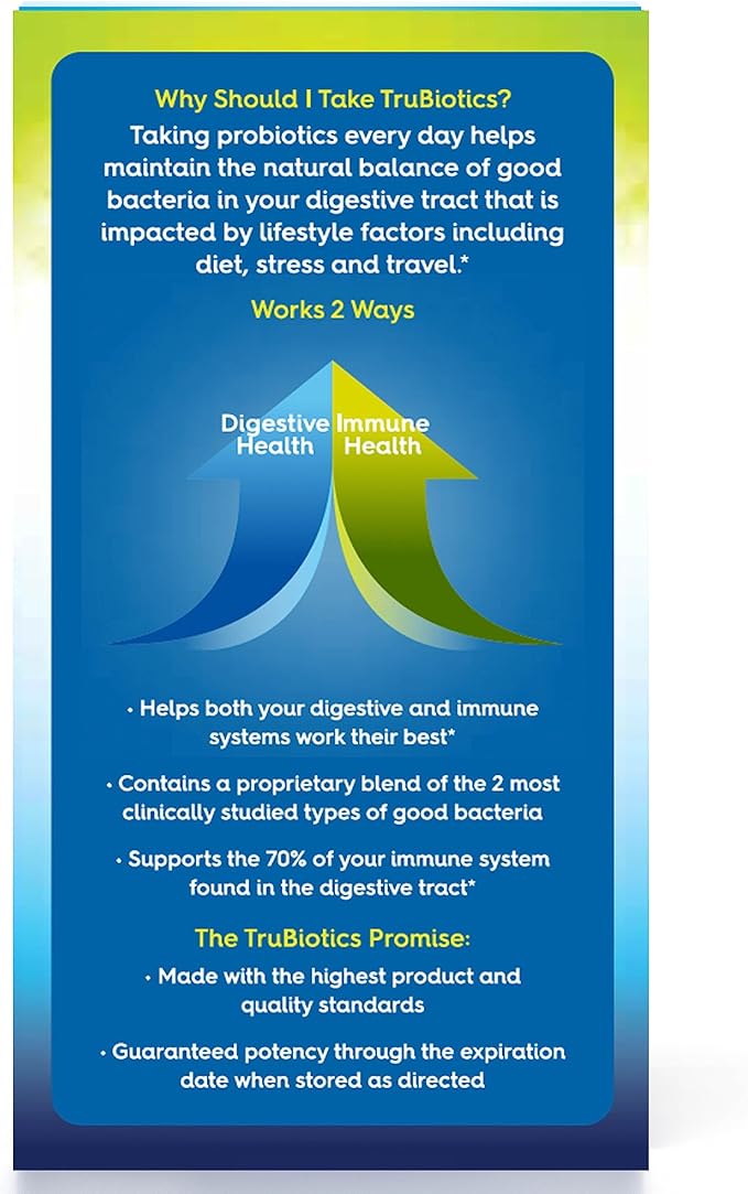 TruBiotics Probiotics for Digestive &amp Immune Health Supports Regularity &amp Helps Relieve Abdominal Discomfort Gas &amp Bloating 2 Clinically Studied Probiotic Strains Plus Prebiotics 60 C