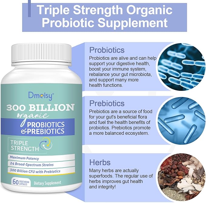 Probiotics for Women and Men 300 Billion CFU 24 Strains Probiotics + 15 Organic Herbs Prebiotics Blend Shelf Stable Gut Health Supplement for Digestive Immune &amp Whole-Body Health 2 Month Supply