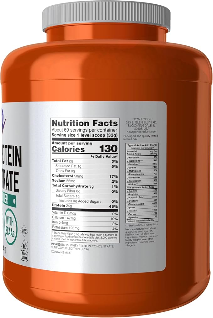 NOW Foods Sports Nutrition Whey Protein Concentrate 24 G With BCAAs Unflavored Powder 5-Pound