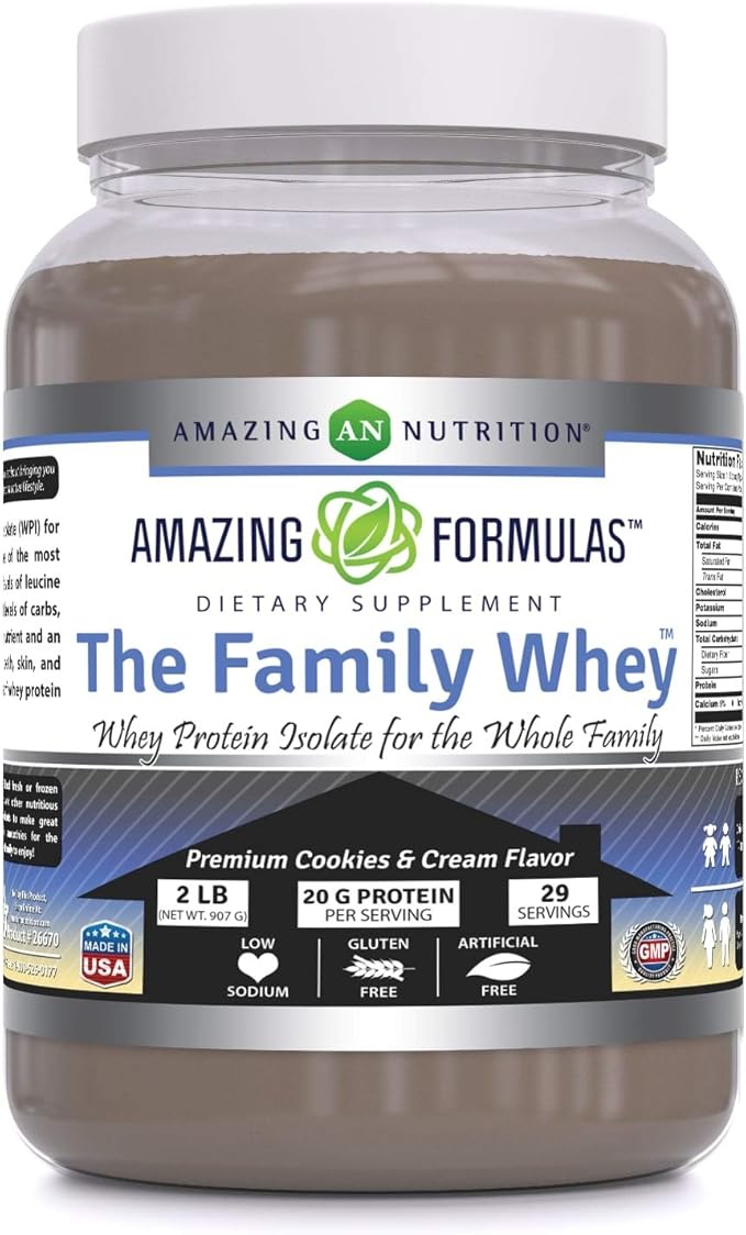 Amazing Formulas The Family Whey Protein (Isolate) Powder for The Whole Family - 2 lbs - Most Complete &amp Purest Form of Protein - Gluten Free (Cookie &amp Cream)