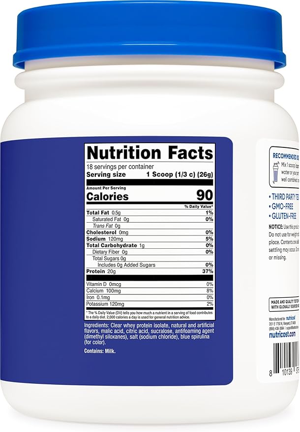 Nutricost Clear Whey Protein Isolate Powder (Berry Blast) 1 LB - 20g of Protein 0g Added Sugar GMO-Free Gluten-Free