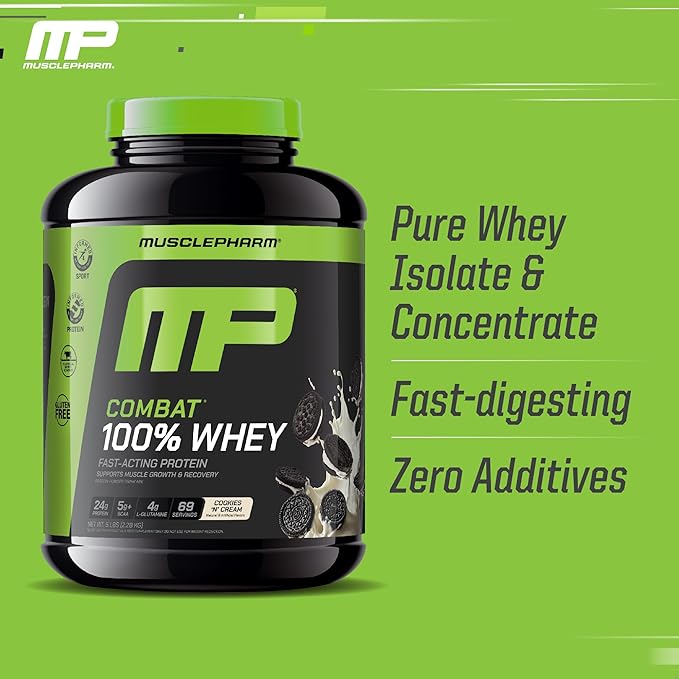 MusclePharm Combat 100% Whey Protein Powder Cookies ‘N’ Cream Flavor Fast Recovery &amp Muscle Gain with Whey Protein Isolate High Protein Powder for Women &amp Men Gluten Free 5 lb 69 Serving