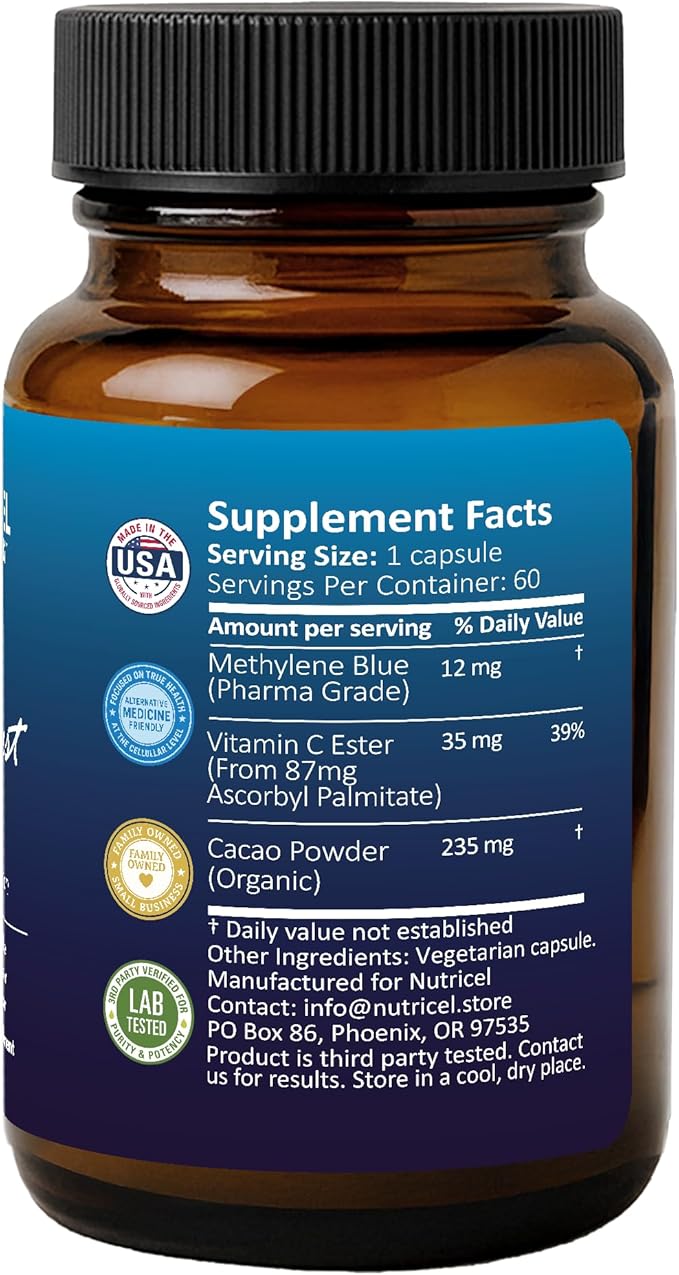 Methylene Blue Capsules - Pharmaceutical Grade Supplement - Made in America - 12mg (USP Grade) with Vitamin C Ester Enhanced Absorption - Third Party Tested (60ct)