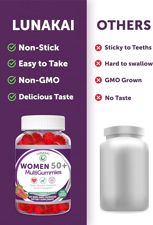 Lunakai USA Made 50 Plus Women's Multivitamin Gummies - Delicious Formula Enhanced with Essential Vitamins &amp Minerals for Health &amp Vitality - 60ct
