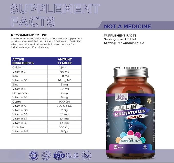 All in Multivitamin Complex – Daily Tablet with Calcium Iron Zinc Vitamin C B Complex D3 E A &amp More – Complete Daily Nutritional Support for Adults – 60 Tablets | 60 Day Supply