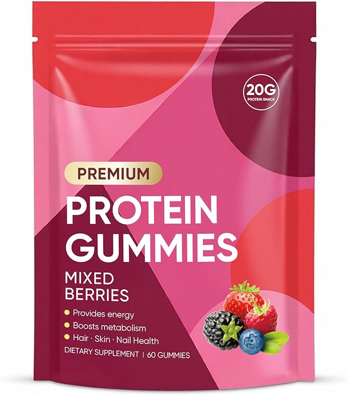 OAKA Protein Gummies 20g Protein per Serving Zero Sugar Mixed Berries Flavor Daily Protein Chews for Hair Skin &amp Nails 60 Gummies