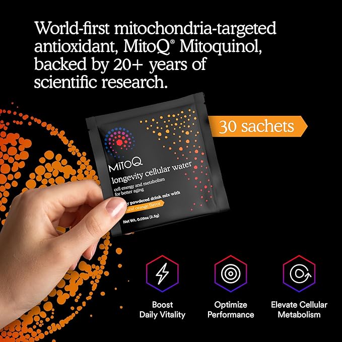 MitoQ Longevity Cellular Water Daily Powdered Drink Mix Natural Orange Flavor - Mitochondria-targeted Antioxidant - Cell Energy and Metabolism for Better Aging (Orange 30 Packets)
