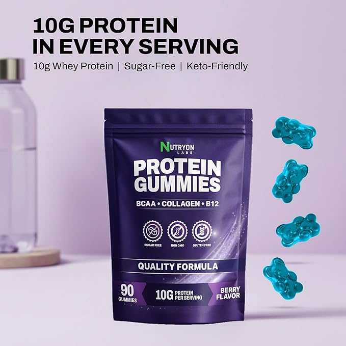 Whey Protein Gummies Zero Carb 4 in1 with Collagen &amp Vitamin B12 for Men and Women 0 Sugar |10g Pure Protein per Serving | Plant Based | Gluten Free Non-GMO Mixed Berry Flavor | 90 Count
