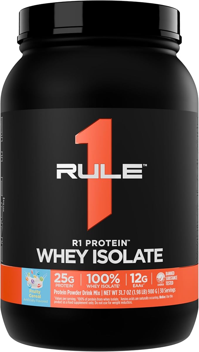 Rule 1 R1 Protein Whey Isolate - with 25g Protein &amp 6g BCAA Exclusively from Isolated &amp Hydrolyzed Sources for Workout Recovery (2 Pounds* Fruity Cereal)