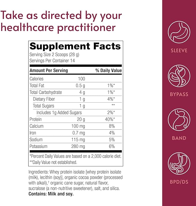 Bariatric Advantage High Protein Supplement Mix 20 Grams Whey Protein Isolate Low Sugar with 100 Calories Per Serving - Chocolate 14 Servings