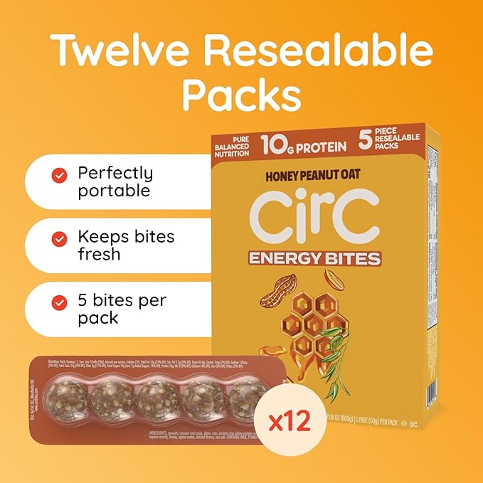 CirC Energy Bites - 12 Pack Honey Peanut Oat Gluten Free Protein Balls - 10g Protein Whole Grains Nuts &amp Fruit - Portable Healthy Snacks for Adults &amp Kids 5 Piece Resealable Packs